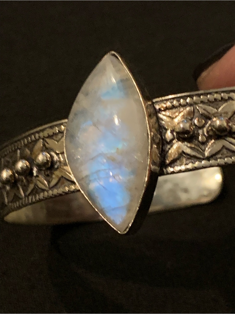 Source Unknown Marquise Moonstone Sterling Silver Cuff Bracelet with Blue Flash